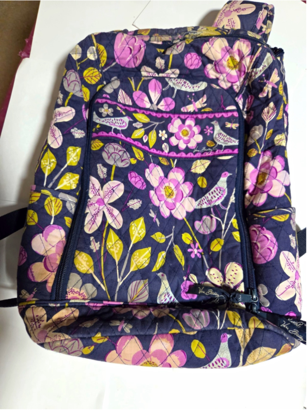 Vera Bradley Twirly Birds Navy Quilted Cotton Campus Backpack Pink Floral Bird